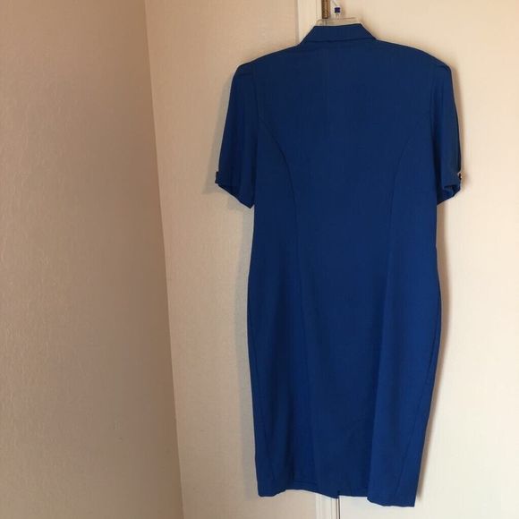 Breli II  Womens Coat Shift Dress Blue Midi Notch Lapel Short Sleeve VTG USA 16 - Picture 3 of 7